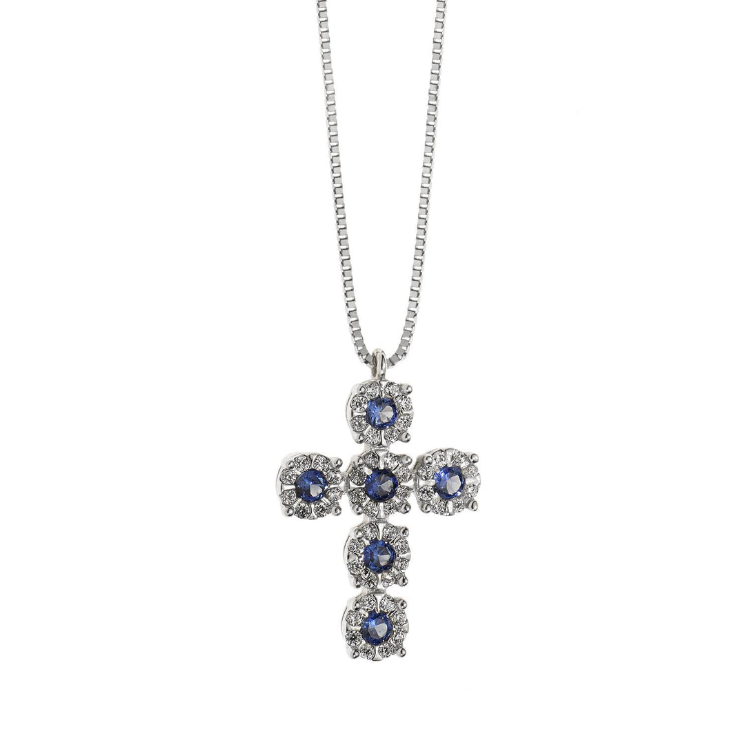 Comete Gioielli- Collana girocollo in oro bianco con ciondolo croce con diamanti e zaffiri blue