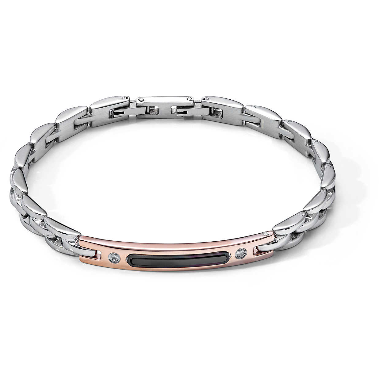 Bracciale In Vera Pelle Nera Regolabile 40-44 Cm Con Chiusura Magnetica E Charm In Acciaio Oro Rosa - 2