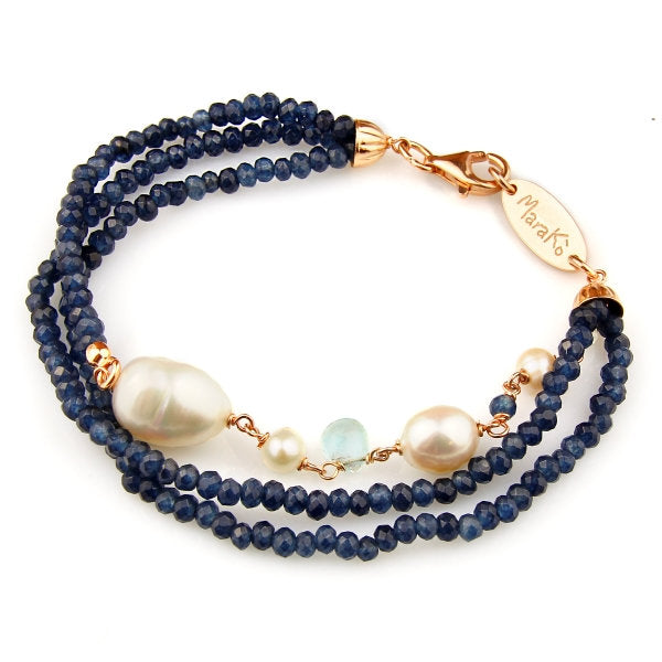 Marakò - Bracciale agata blu zaffiro, acquamarina e perle - Collezione Waterlily