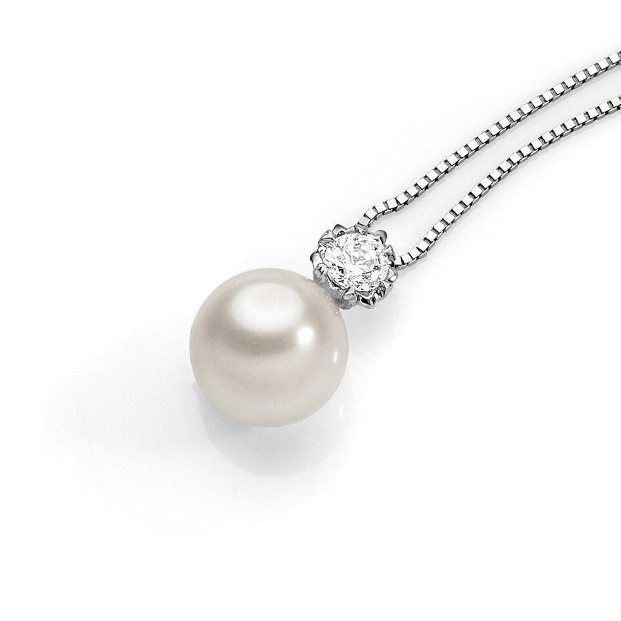 Ambrosia - Girocollo Oro bianco 750, zirconi bianchi, perla coltivata Ø 7/7