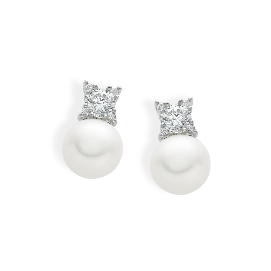 Ambrosia - Orecchini Oro bianco 750, zirconi bianchi, perla coltivata Ø 7,5