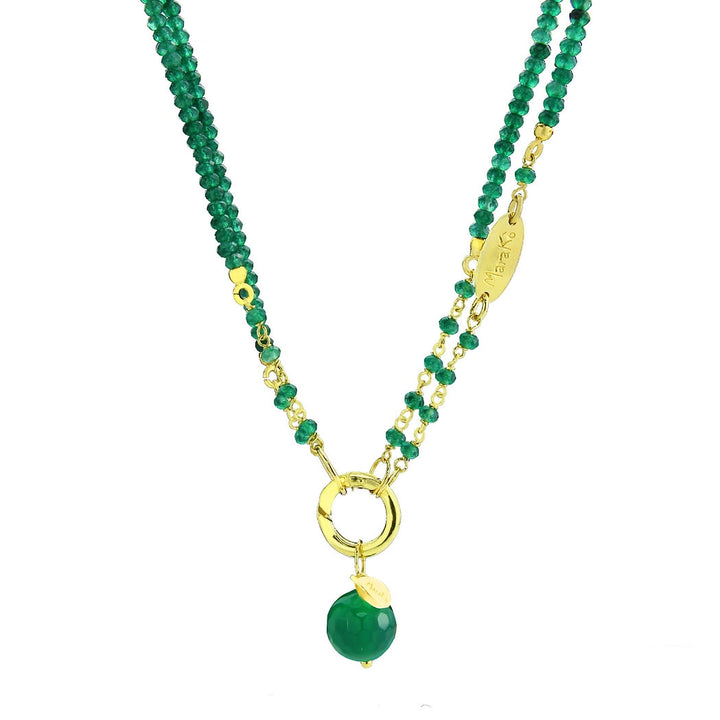 Marakò - Collana agata verde smeraldo argento placcato oro. Regolabile 45-90-cm