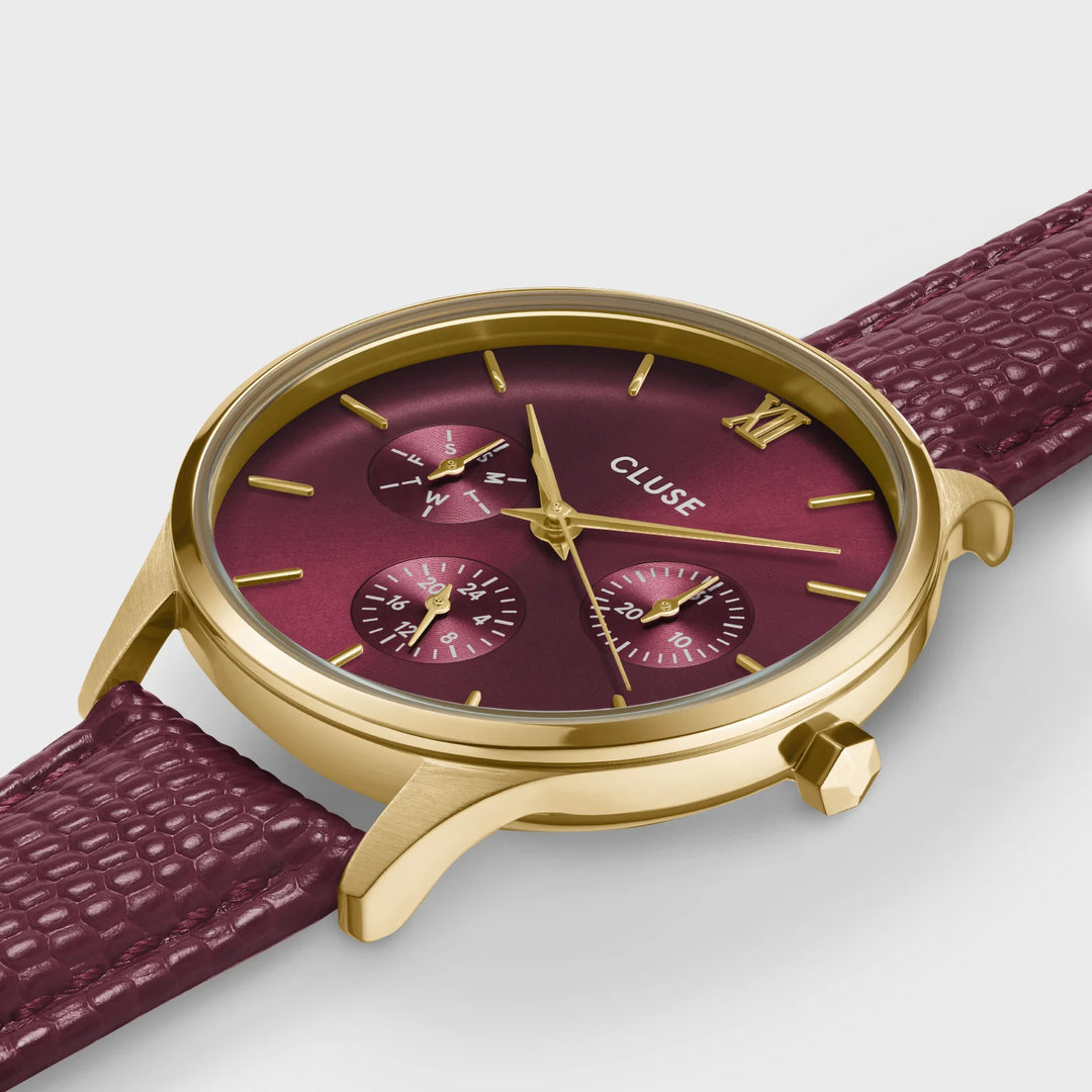 Orologio solo tempo da donna Minuit Multifunction Watch Leather, Dark Cherry Liz