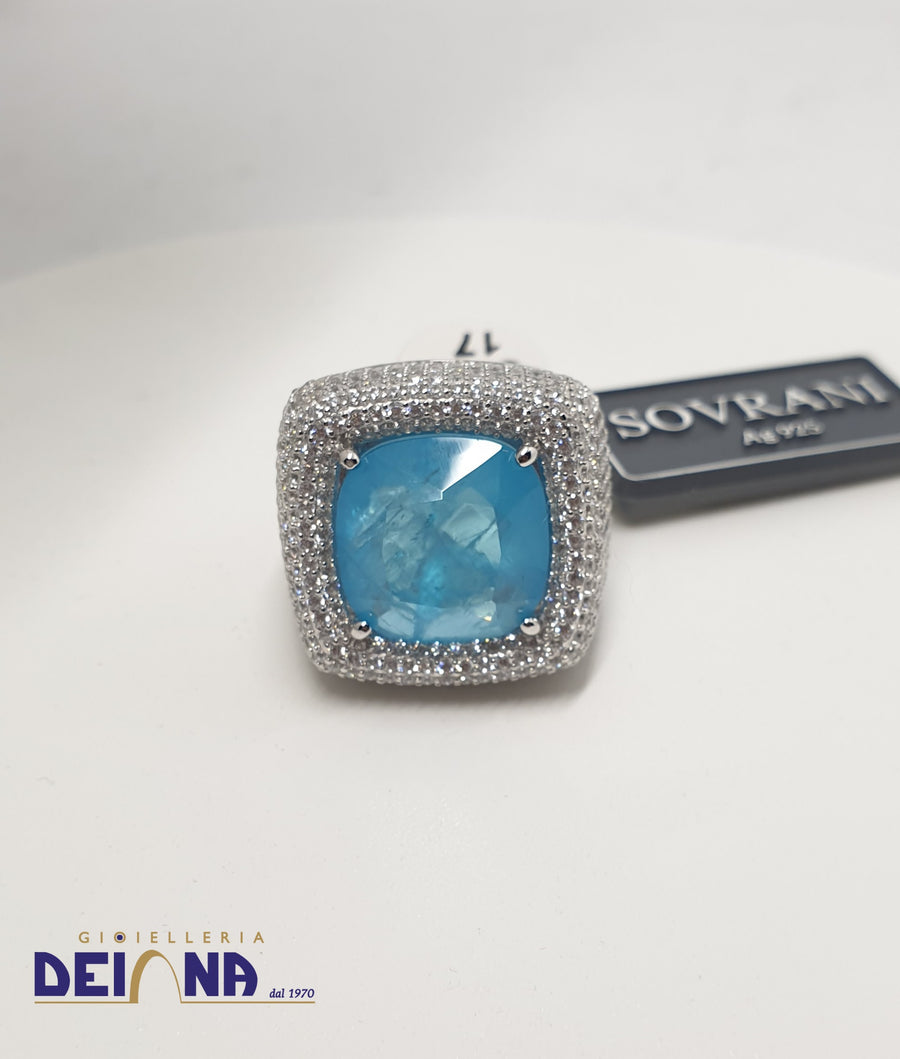 Sovrani: Anello pietra color acquamarina e zirconi in argento rodiato.