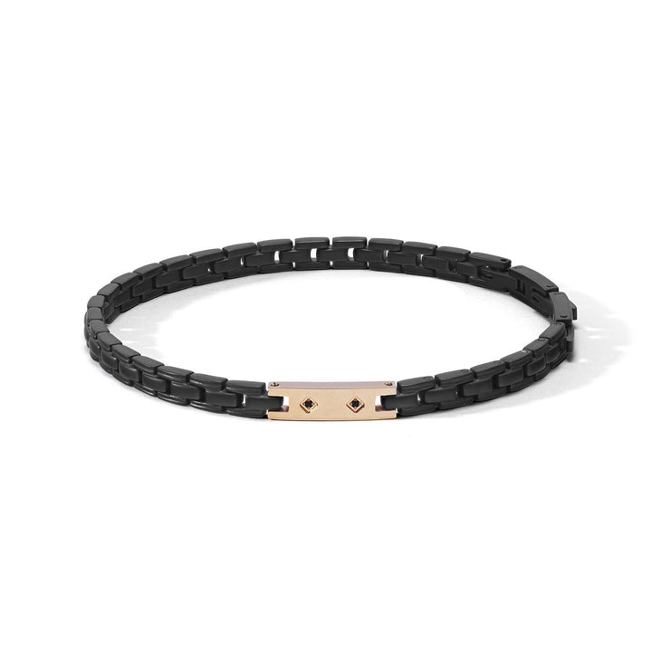 Bracciale in acciaio con pvd nero sabbiato e pvd rosè, zirconi neri