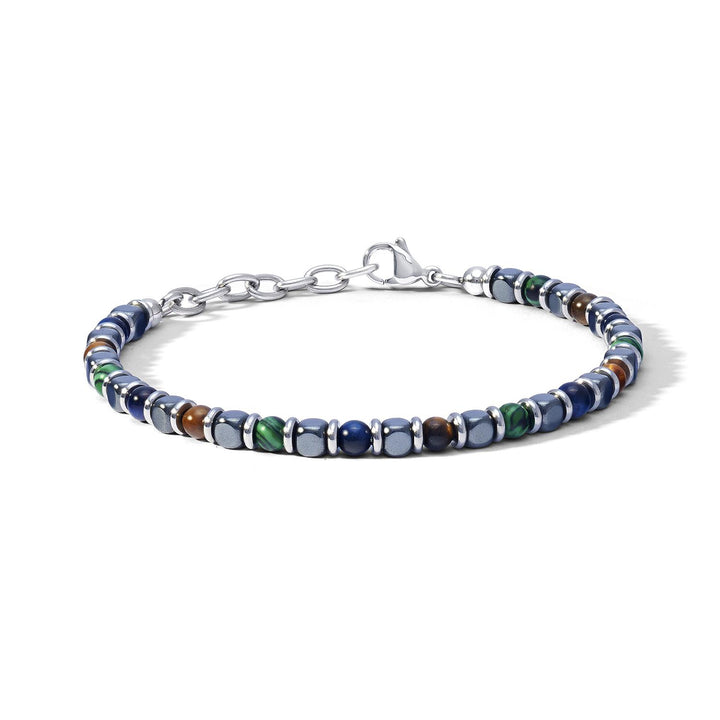 Bracciale in acciaio, occhio di tigre, malachite verde, agata blu ed ematite