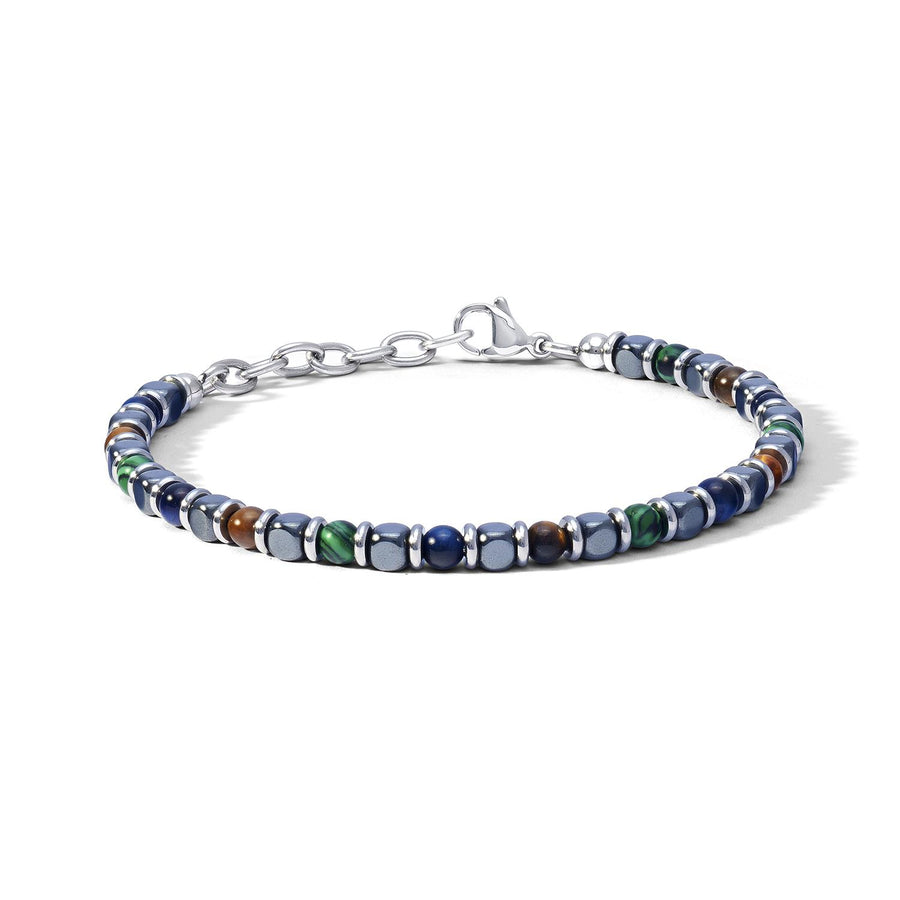 Bracciale in acciaio, occhio di tigre, malachite verde, agata blu ed ematite