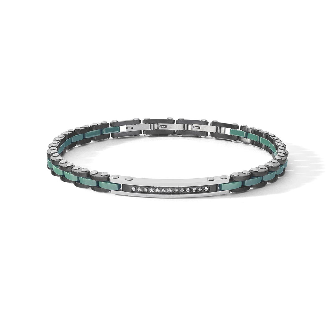 Bracciale in acciaio con Pvd nero, ceramica verde e zirconi bianchi