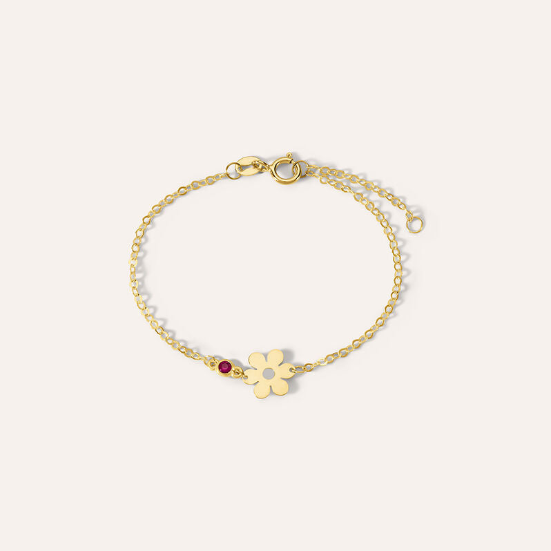 Bracciale fiore Mon Petit in oro giallo 9 kt con zircone magenta