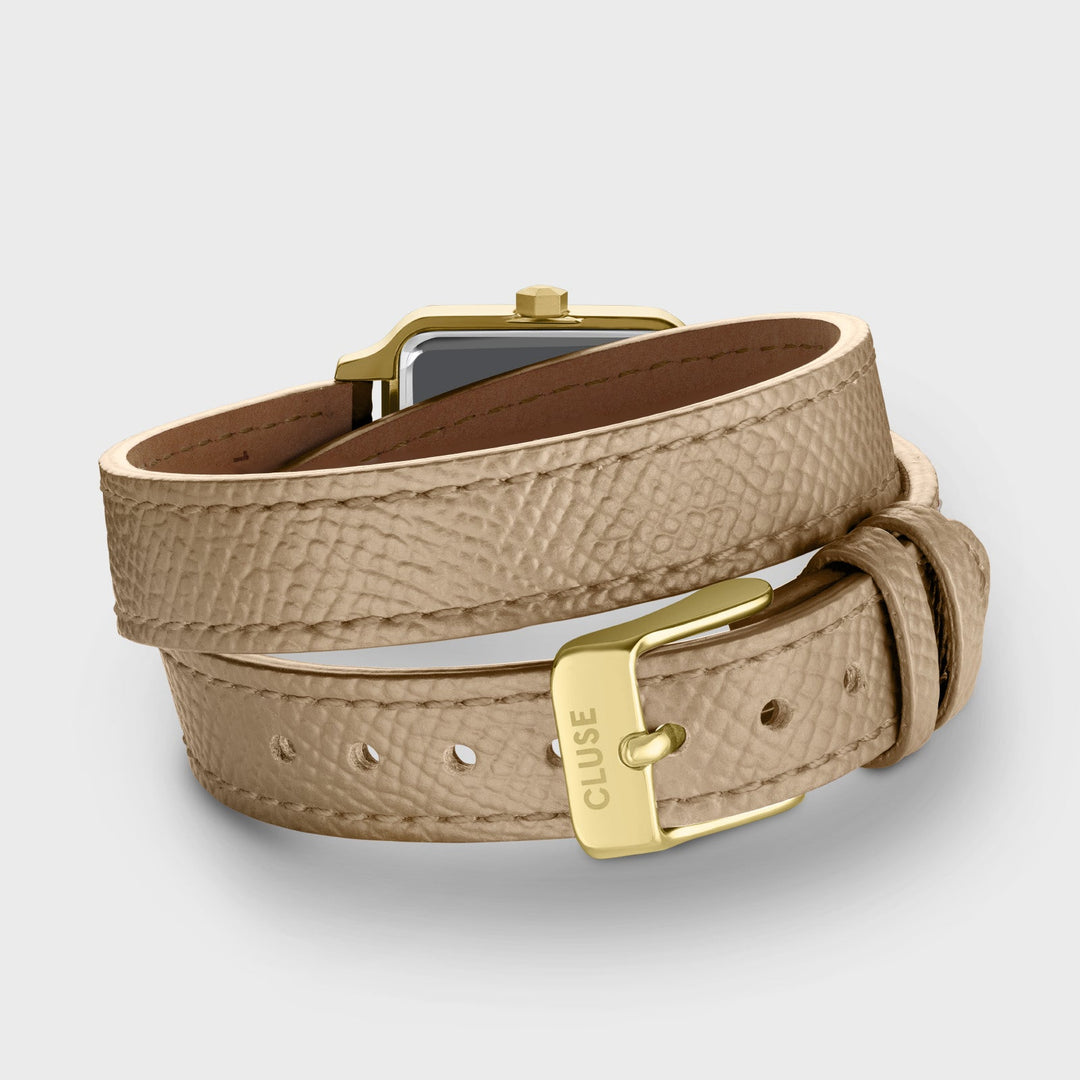 Orologio Donna Dorato con Quadrante Beige e Cinturino in Pelle a Doppio Giro