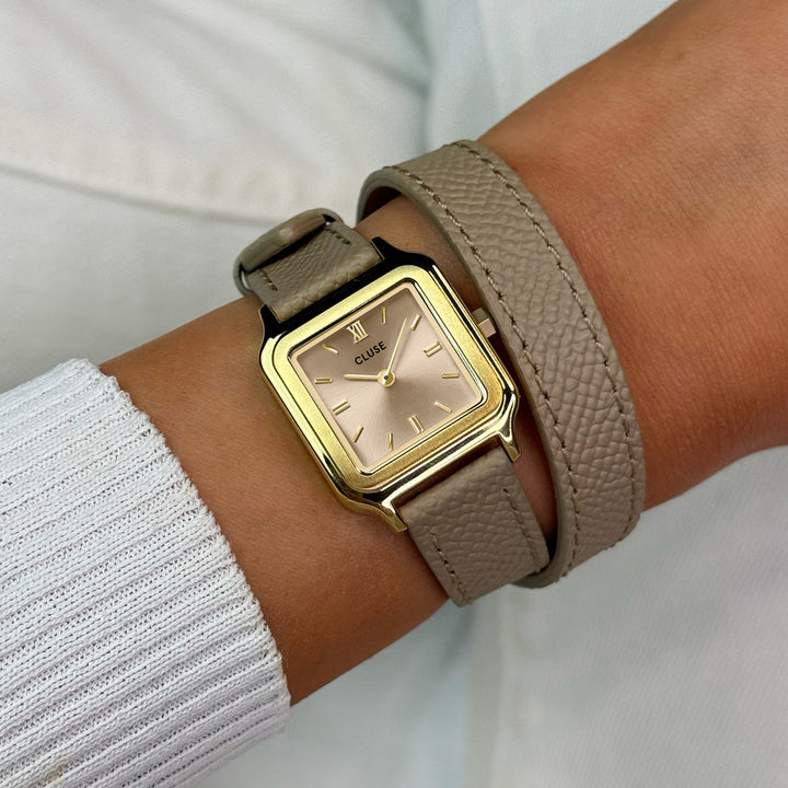 Orologio Donna Dorato con Quadrante Beige e Cinturino in Pelle a Doppio Giro