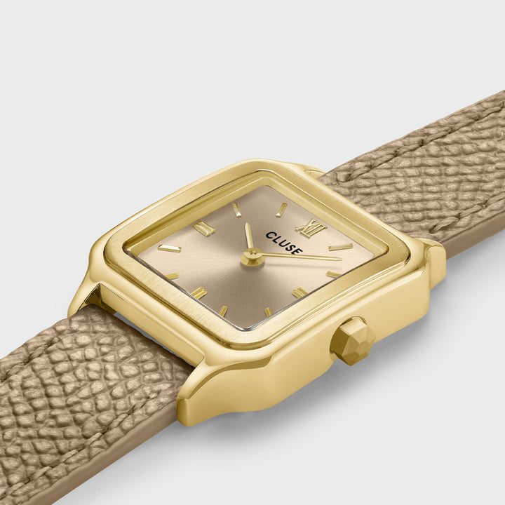 Orologio Donna Dorato con Quadrante Beige e Cinturino in Pelle a Doppio Giro