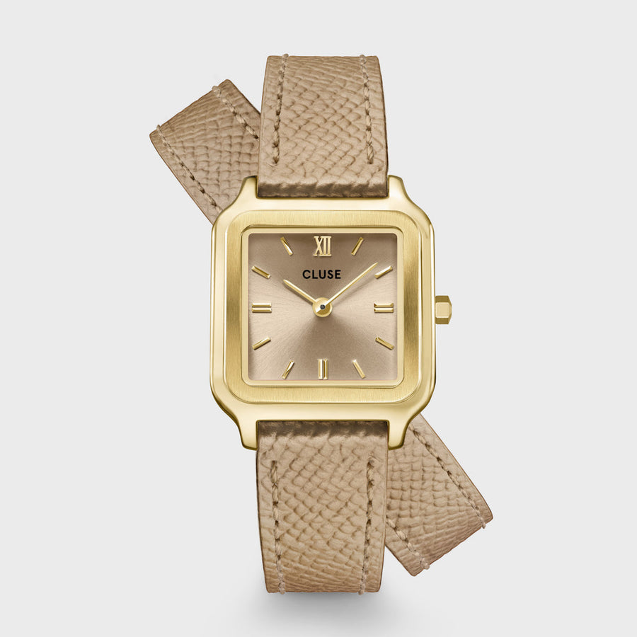 Orologio Donna Dorato con Quadrante Beige e Cinturino in Pelle a Doppio Giro