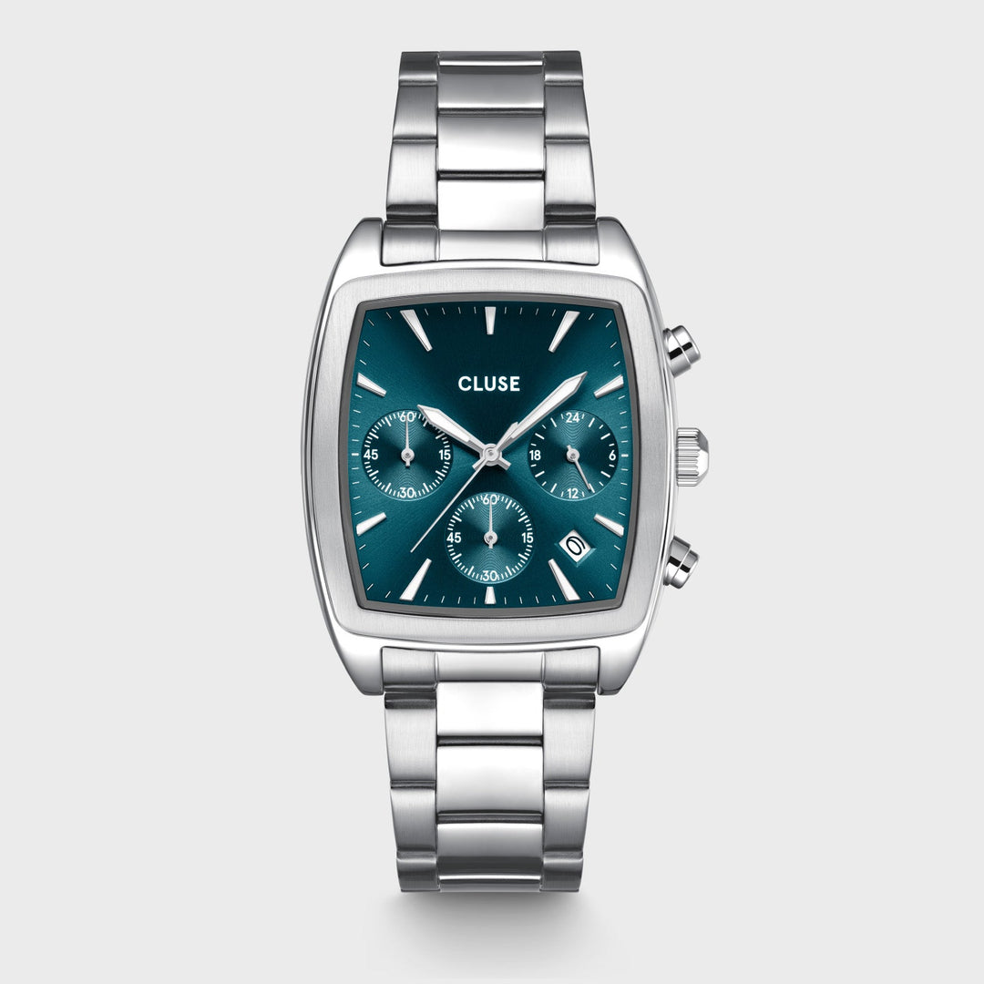 Orologio Uomo Quartaut Chrono in Acciaio Argentato con Quadrante Blu e Datario