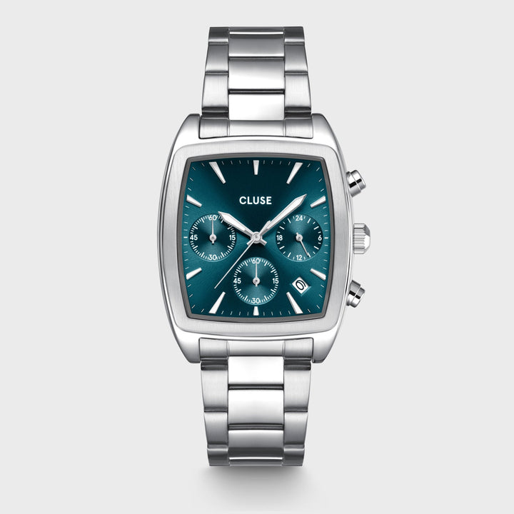 Orologio Uomo Quartaut Chrono in Acciaio Argentato con Quadrante Blu e Datario