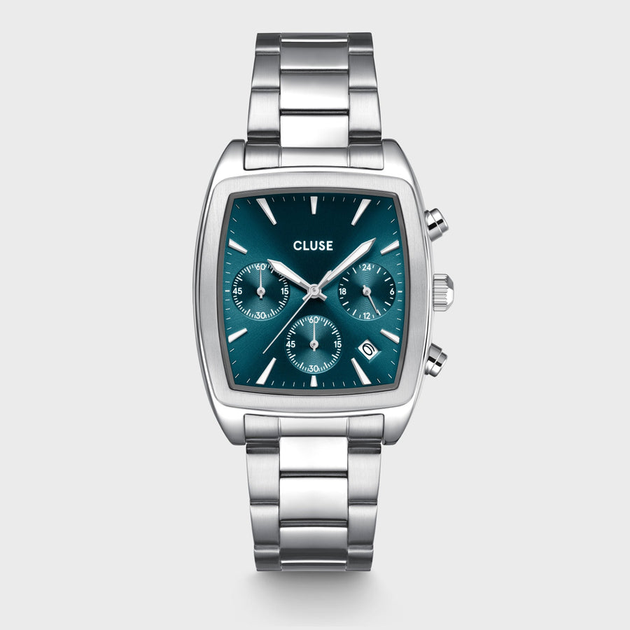 Orologio Uomo Quartaut Chrono in Acciaio Argentato con Quadrante Blu e Datario