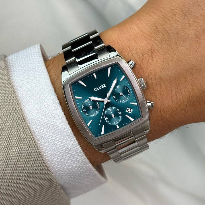 Orologio Uomo Quartaut Chrono in Acciaio Argentato con Quadrante Blu e Datario