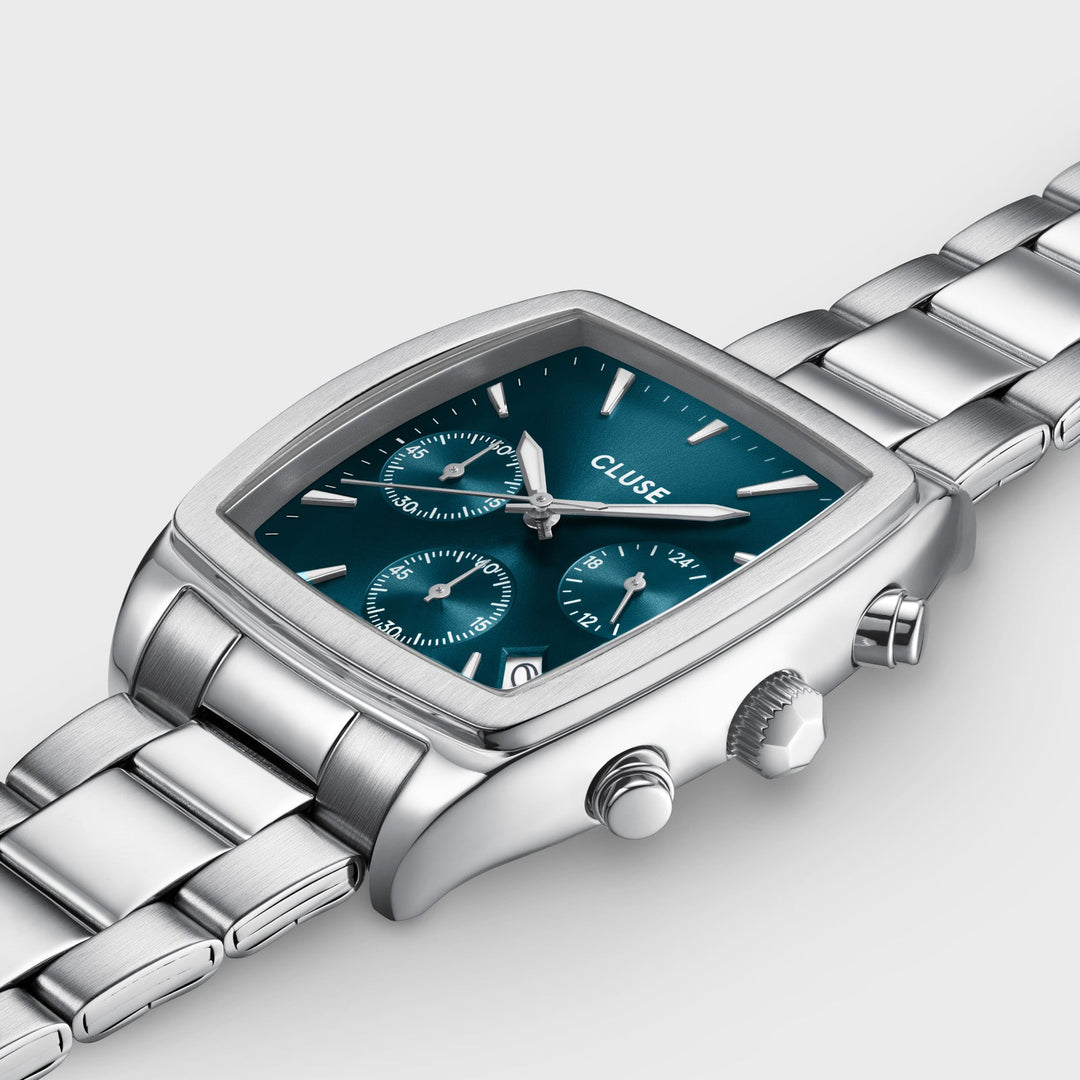 Orologio Uomo Quartaut Chrono in Acciaio Argentato con Quadrante Blu e Datario