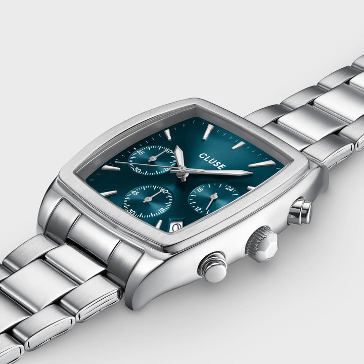 Orologio Uomo Quartaut Chrono in Acciaio Argentato con Quadrante Blu e Datario