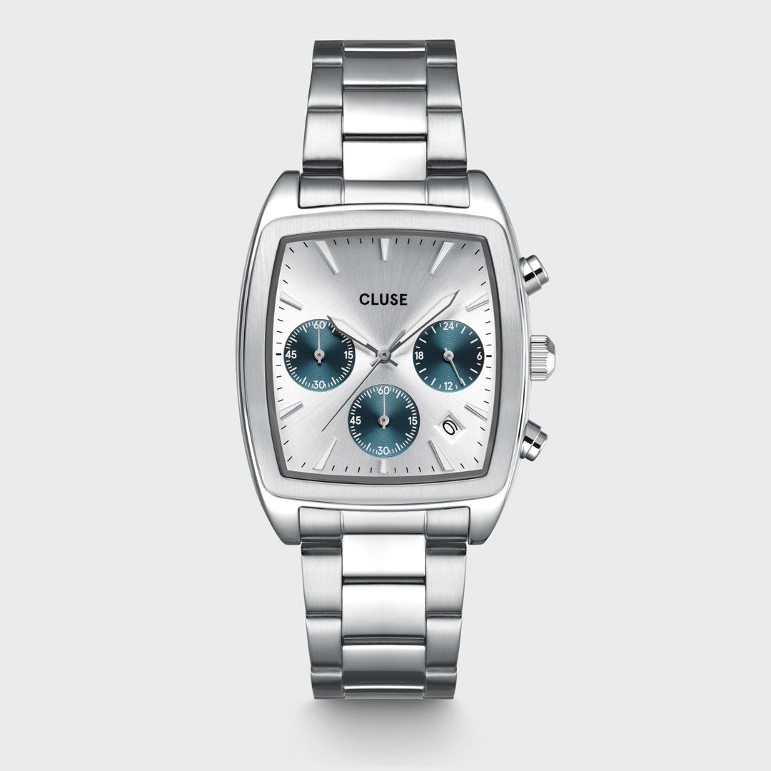 Orologio Uomo Cronografo Tonneau in Acciaio con Quadrante Argento, Contatori Blu