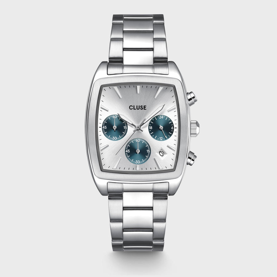 Orologio Uomo Cronografo Tonneau in Acciaio con Quadrante Argento, Contatori Blu