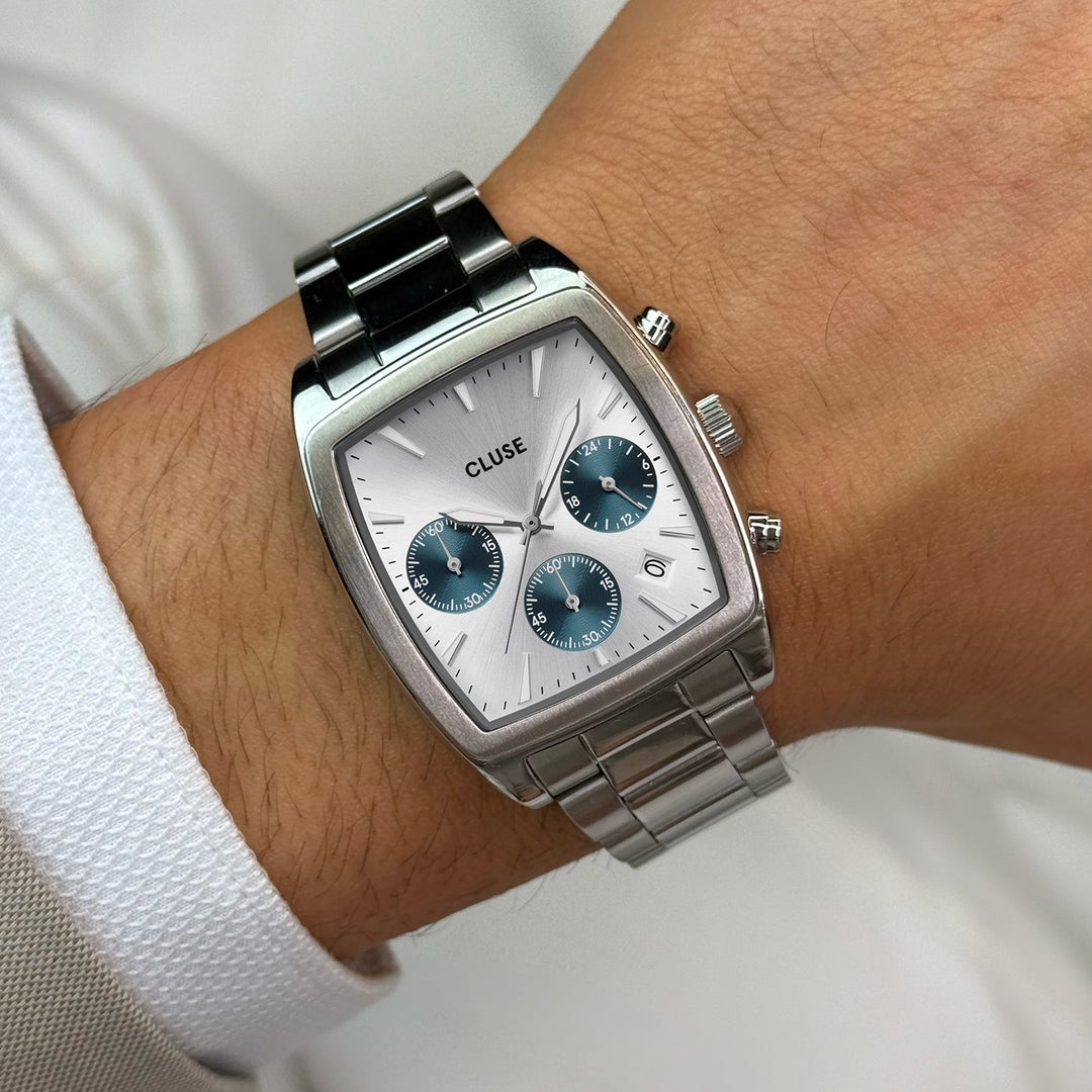 Orologio Uomo Cronografo Tonneau in Acciaio con Quadrante Argento, Contatori Blu