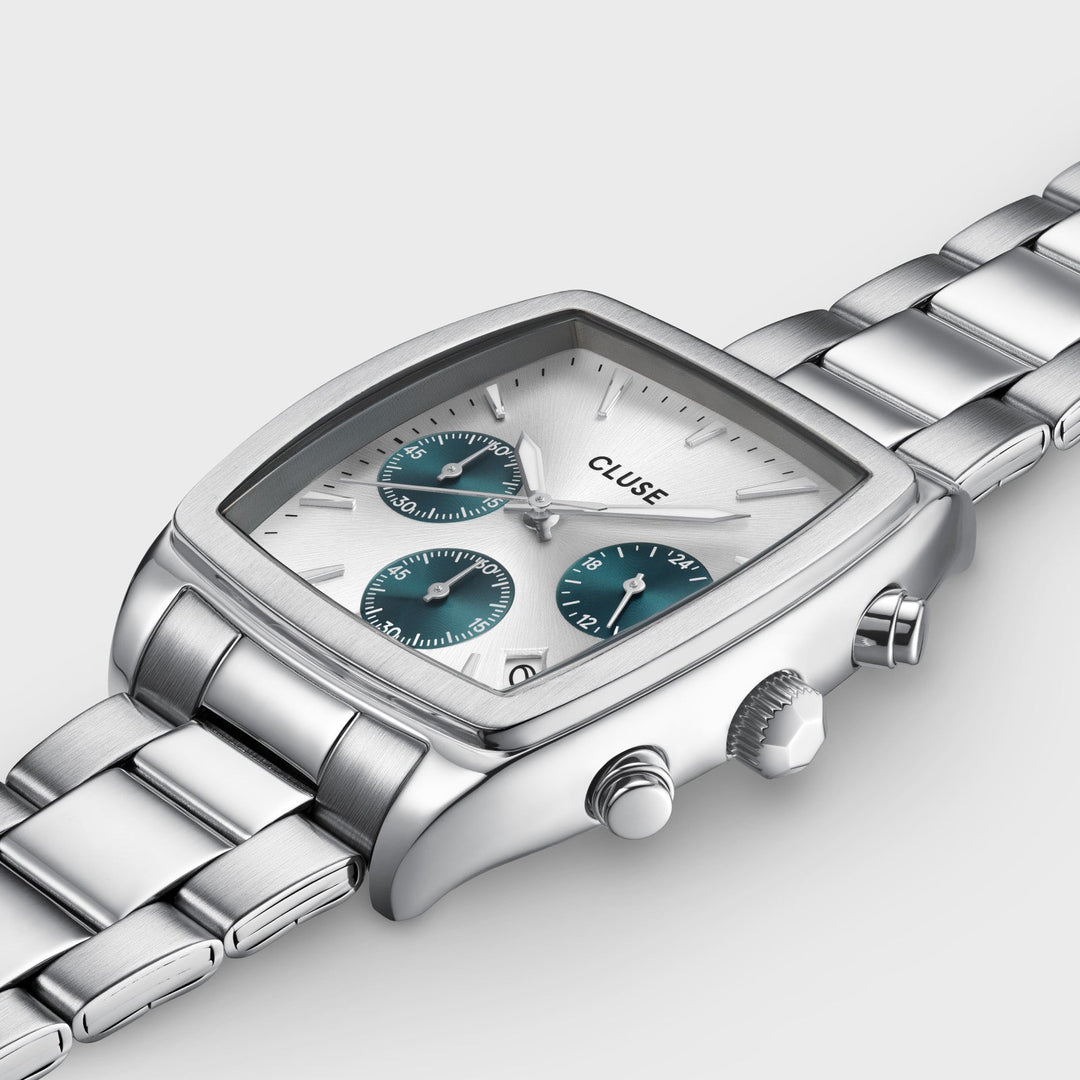 Orologio Uomo Cronografo Tonneau in Acciaio con Quadrante Argento, Contatori Blu
