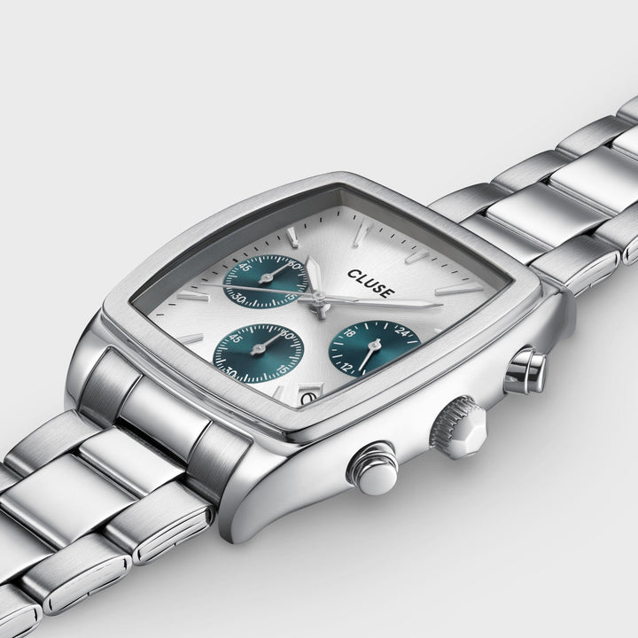 Orologio Uomo Cronografo Tonneau in Acciaio con Quadrante Argento, Contatori Blu