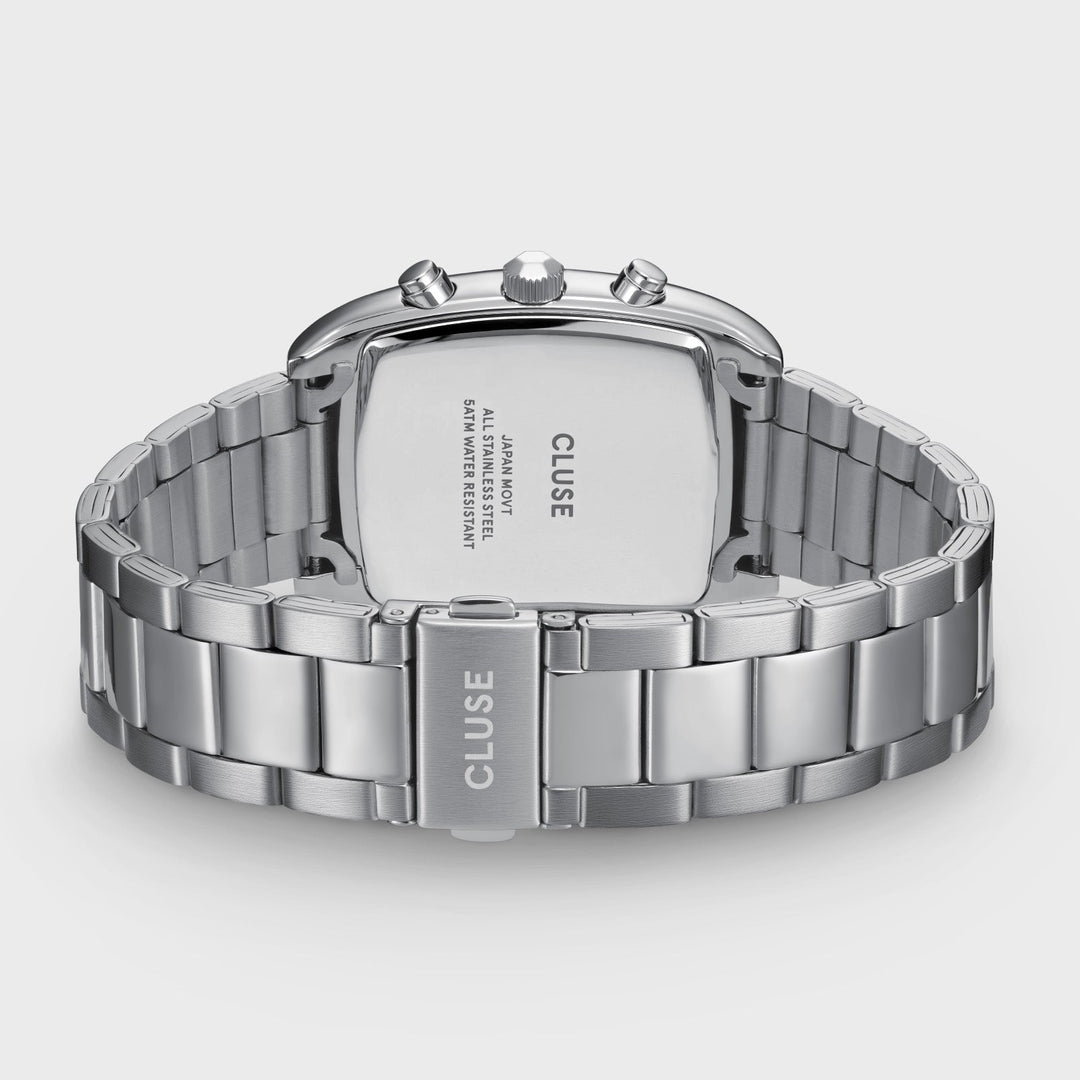 Orologio Uomo Cronografo Tonneau in Acciaio con Quadrante Argento, Contatori Blu