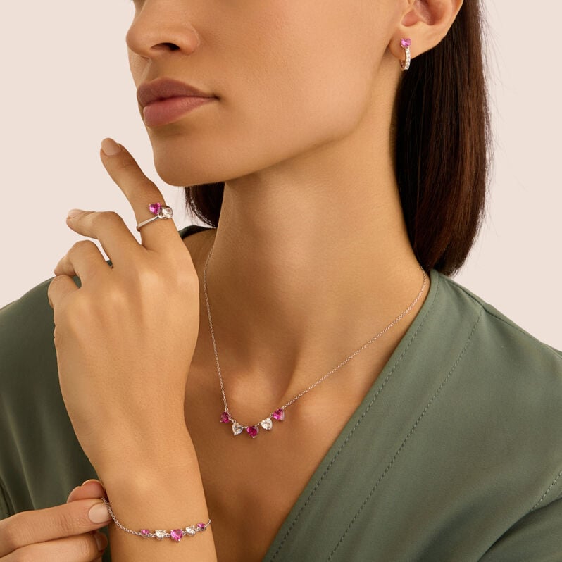 Collana cuori Silver Elegance in argento con zirconi rosa