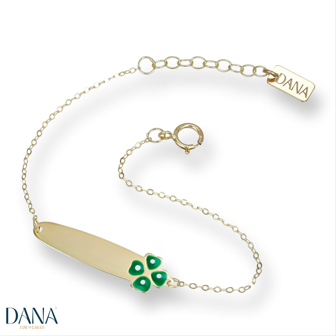 Bracciale Baby con targa e quadrifoglio in Oro Giallo e Smalto Verde da 13 + 2 c