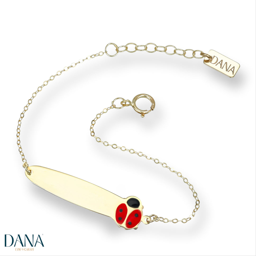 Bracciale baby con targa e coccinella in Oro Giallo e Smalto Rosso da 13 + 2 cm
