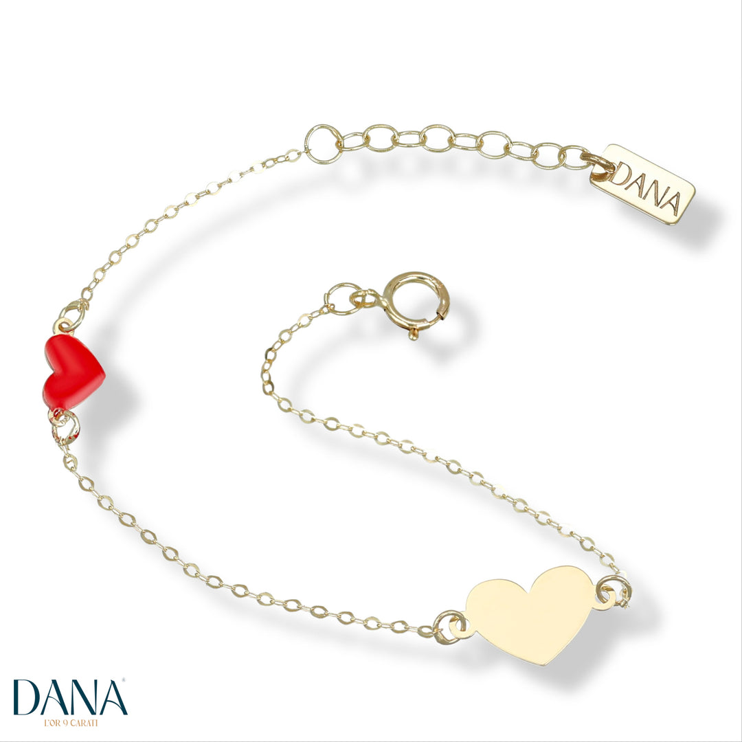 Bracciale Baby con cuore grande e piccolo in Oro Giallo e Smalto Rosso da 13 + 2