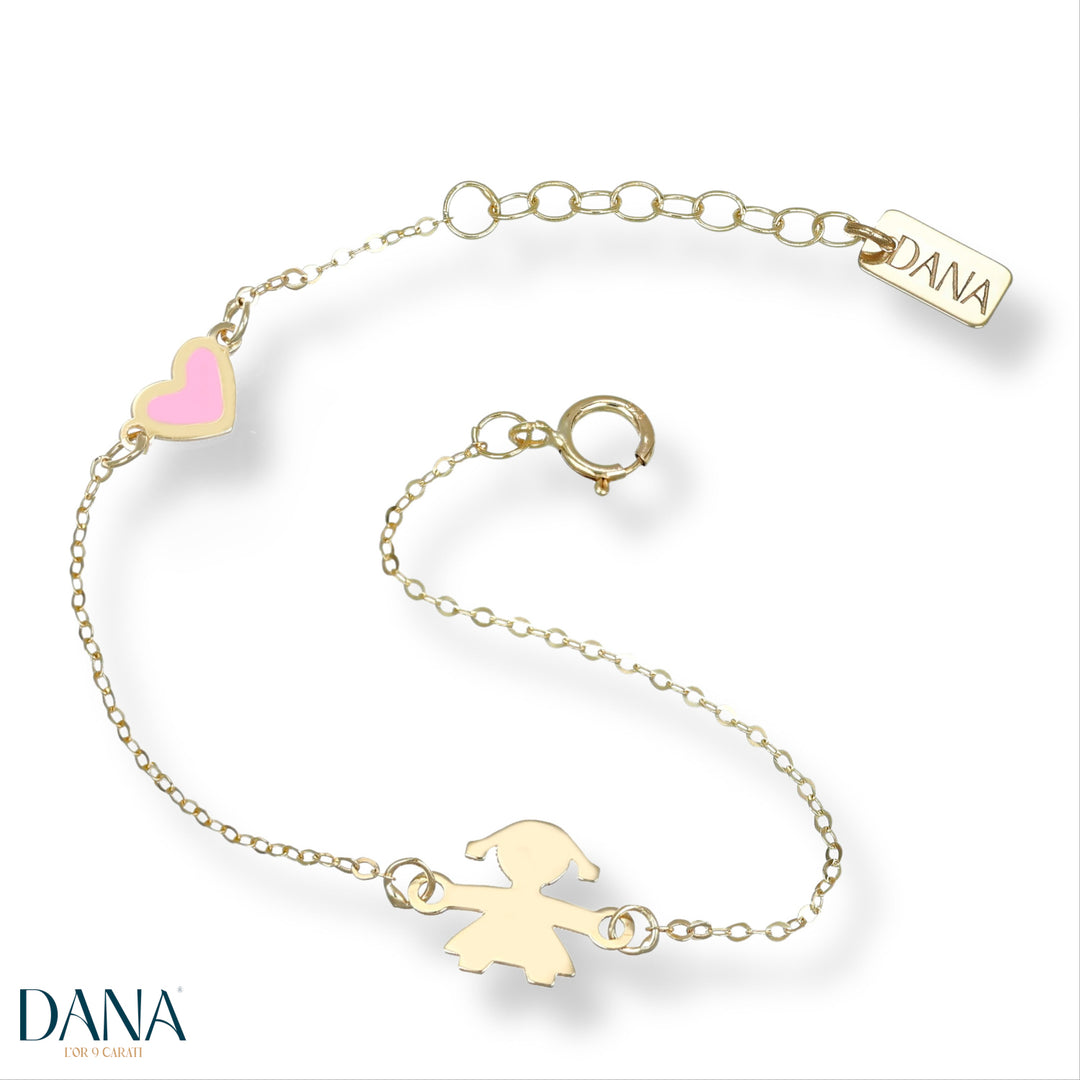 Bracciale Baby con Bebè femmina e cuore in Oro Giallo e Smalto Rosa da 13 + 2 cm