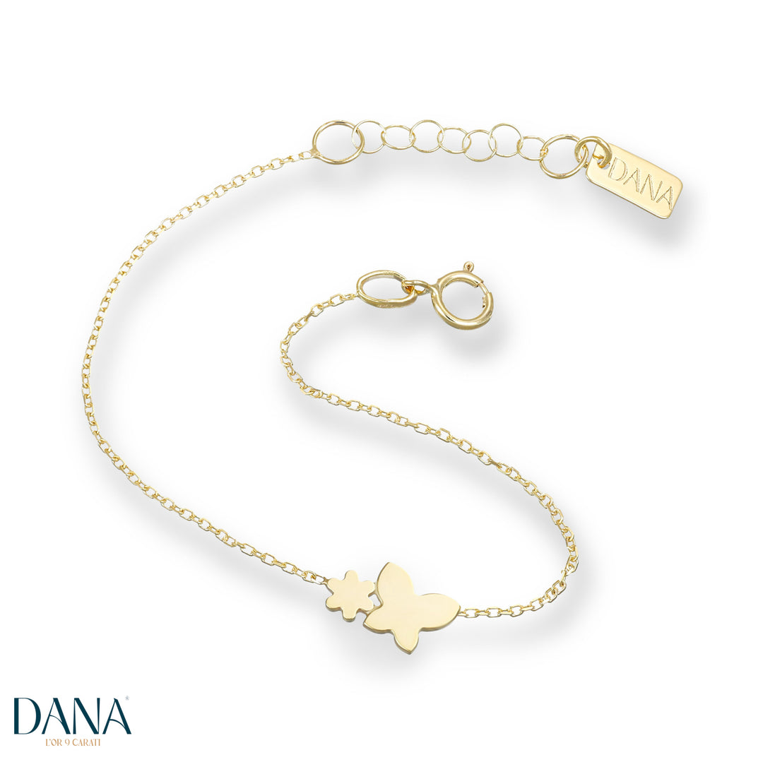 Bracciale Baby con farfalla e fiore in Oro Giallo da 13 cm con estensione di 2 c
