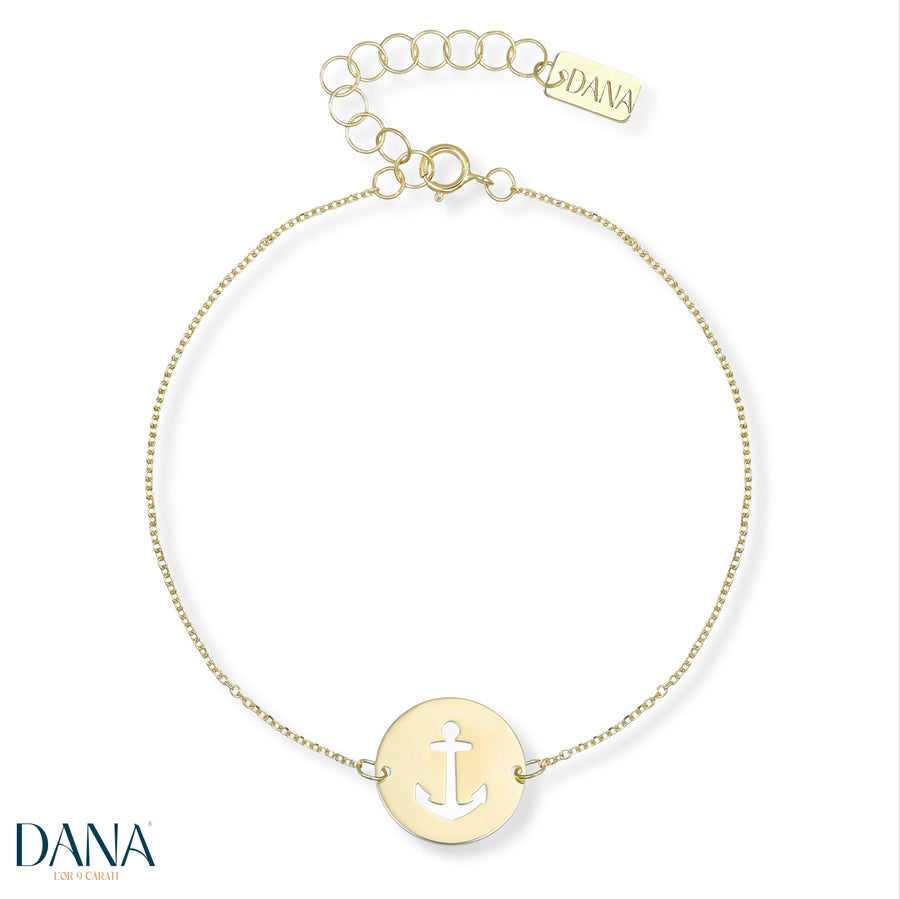 Bracciale da Uomo con Ancora traforata su piastra tonda in Oro Giallo da 19 + 2