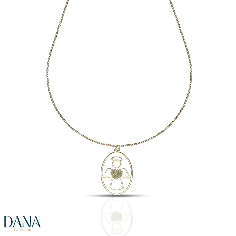 Collana da Donna con Angelo e cuore diamantato di forma ovale, lunghezza 42 + 3