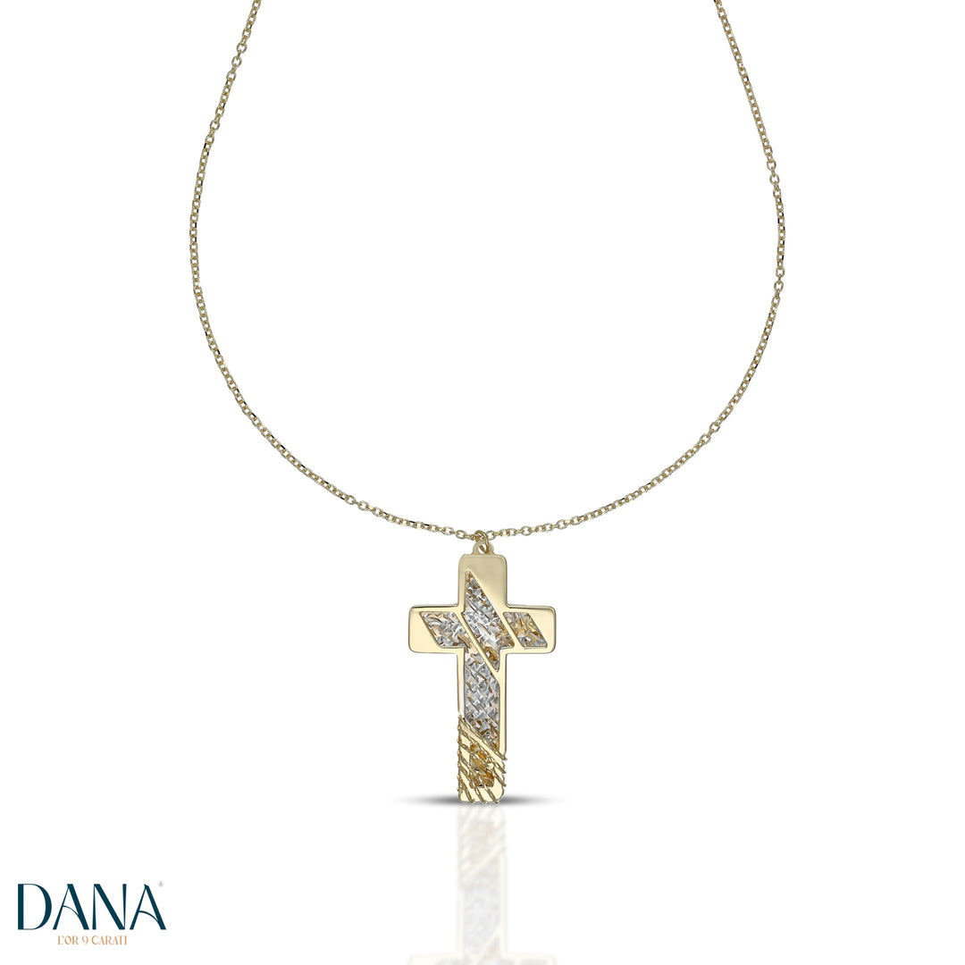 Collana con Croce a doppia lastra e filo diamantato, lunghezza 50 cm, in Giallo