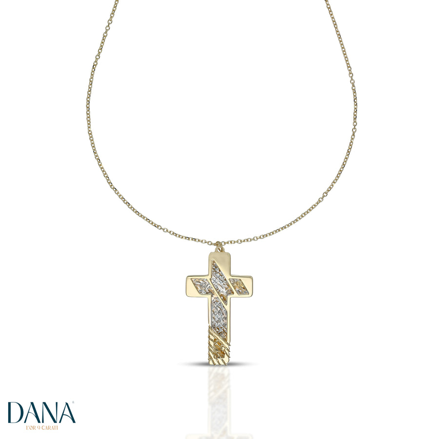 Collana con Croce a doppia lastra e filo diamantato, lunghezza 50 cm, in Giallo