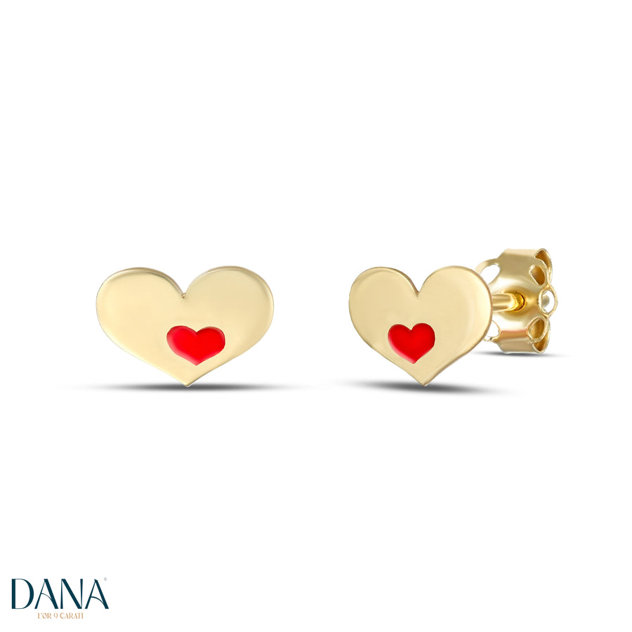 Orecchini a lobo da Donna con Cuore in Oro Giallo e Smalto Rosso