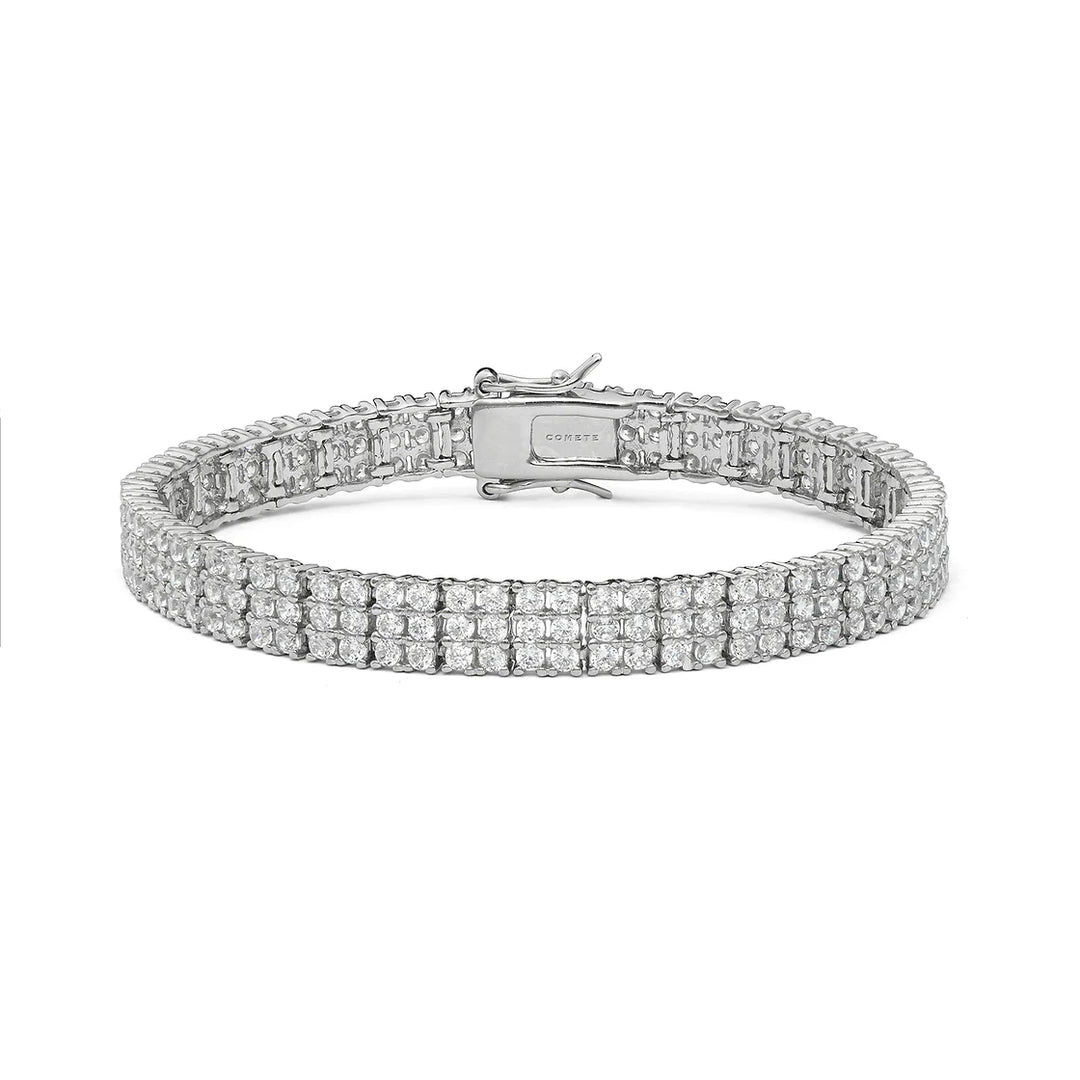 Bracciale Tennis in Argento con Tre File di Pietre Bianche 17 cm