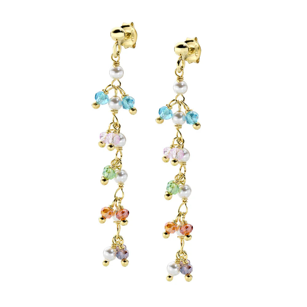 Orecchini Pendenti Rainbow Dorati con Cristalli e Perle