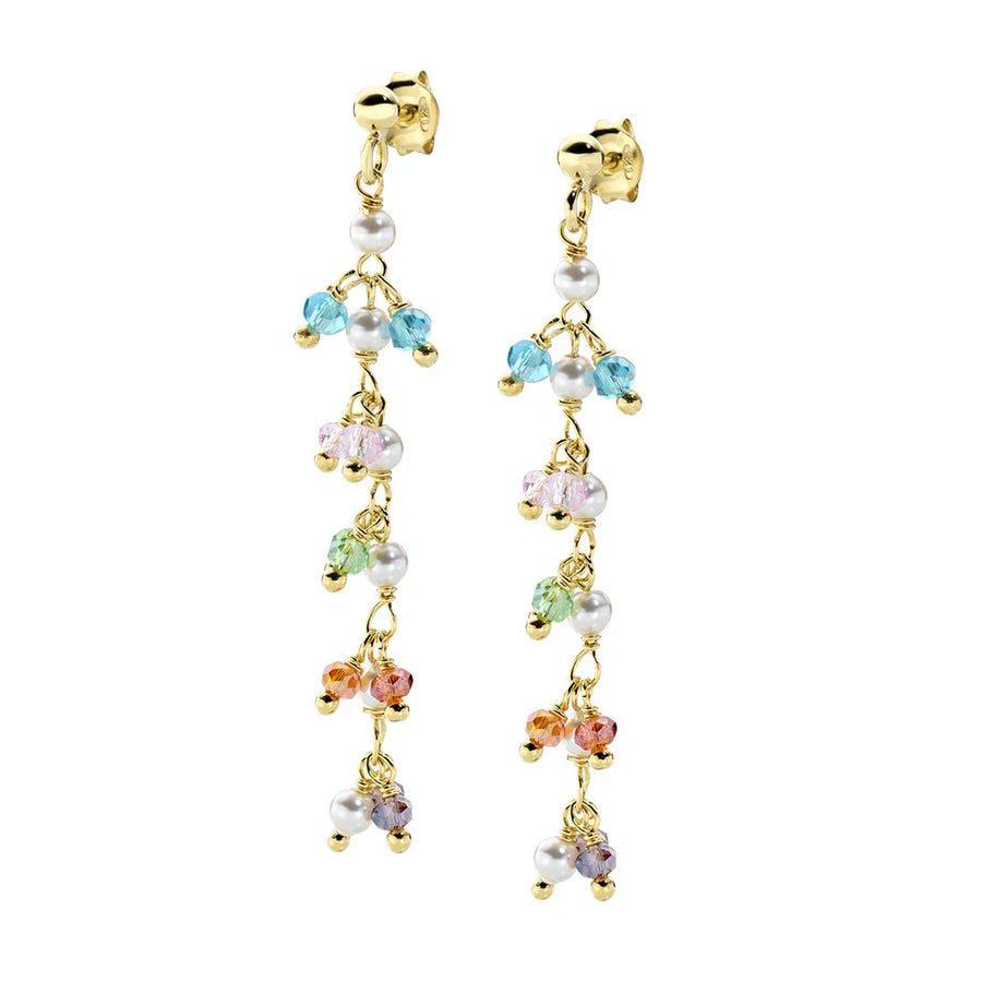 Orecchini Pendenti Rainbow Dorati con Cristalli e Perle