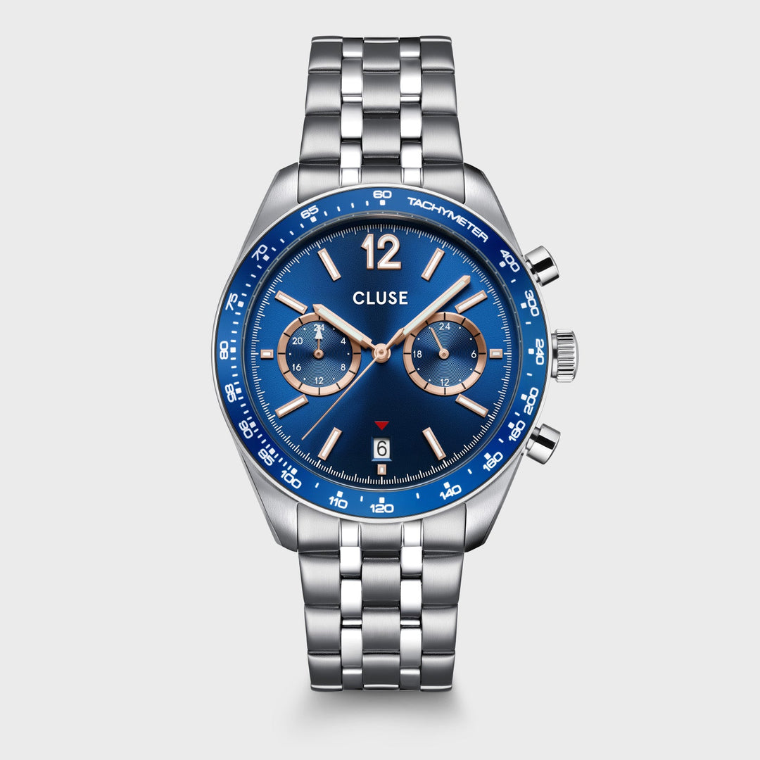 Orologio Uomo Dual Time in Acciaio Argentato con Quadrante Blu e Datario