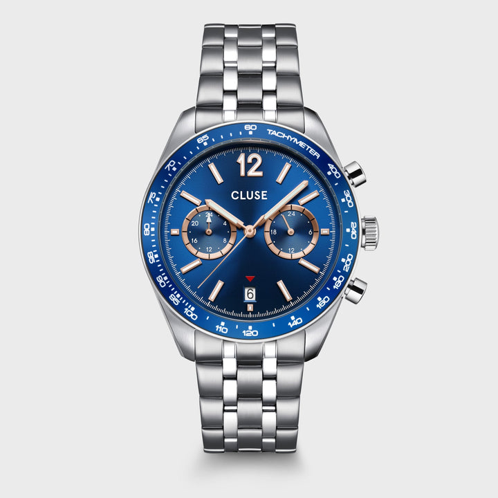 Orologio Uomo Dual Time in Acciaio Argentato con Quadrante Blu e Datario