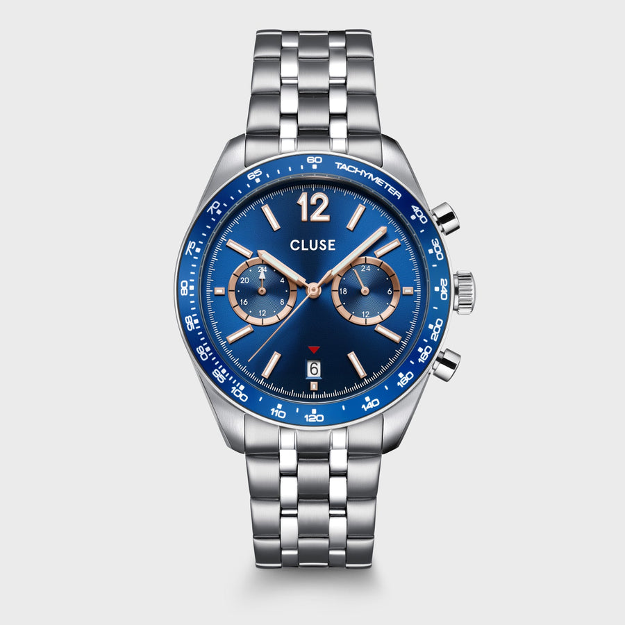 Orologio Uomo Dual Time in Acciaio Argentato con Quadrante Blu e Datario