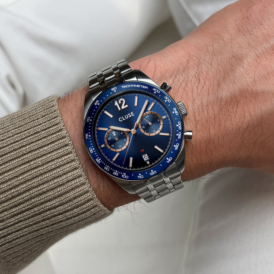 Orologio Uomo Dual Time in Acciaio Argentato con Quadrante Blu e Datario