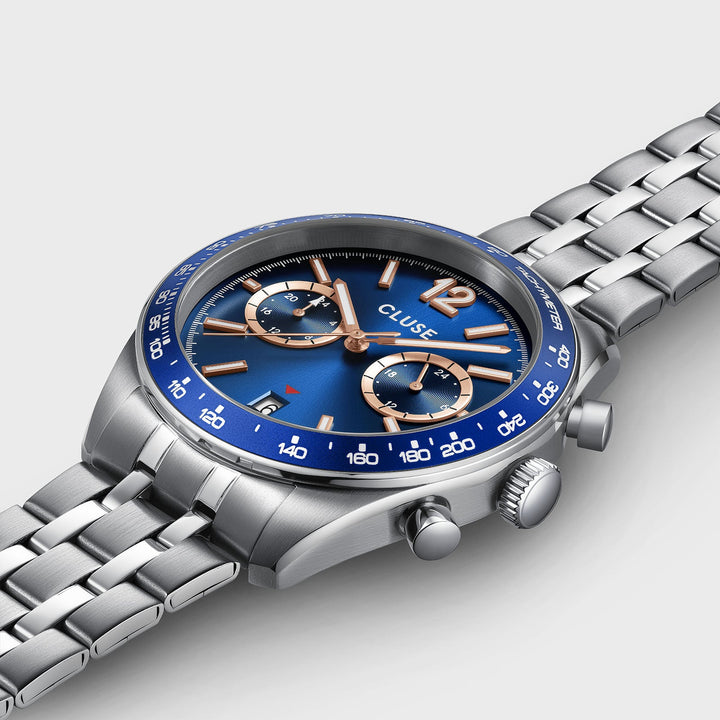 Orologio Uomo Dual Time in Acciaio Argentato con Quadrante Blu e Datario