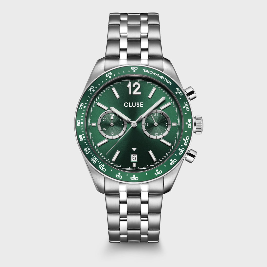 Orologio Uomo Dual Time in Acciaio Argentato con Quadrante Verde e Datario