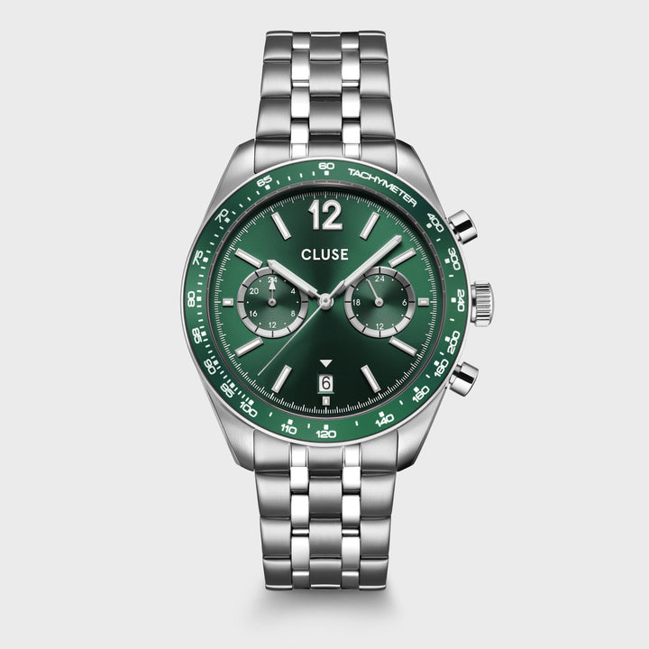 Orologio Uomo Dual Time in Acciaio Argentato con Quadrante Verde e Datario